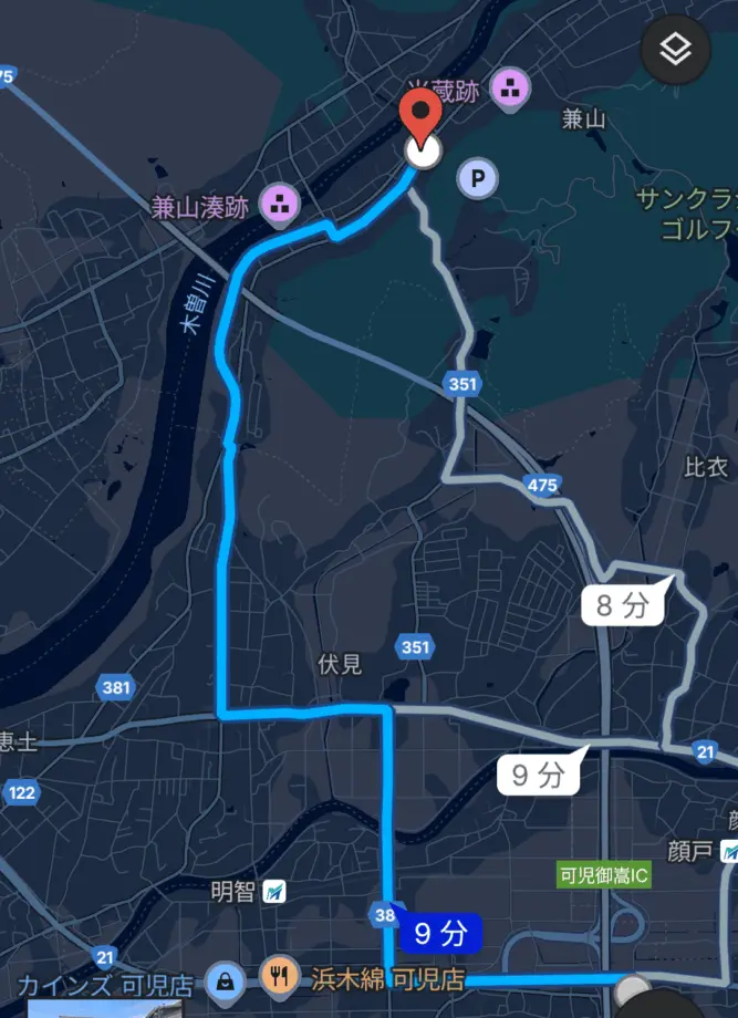 グーグルマップでインターから山城ミュージアムまでの経路のスクリーンショット