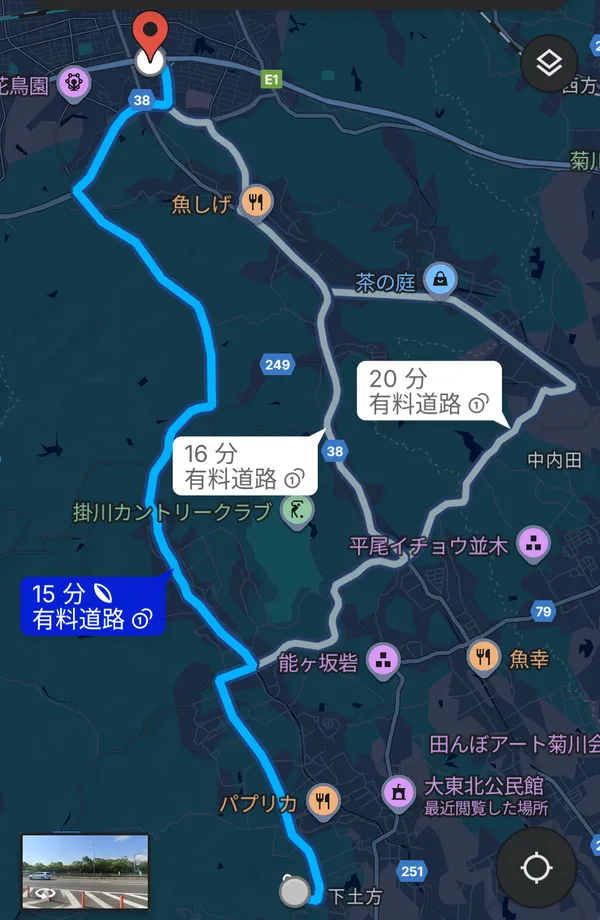 グーグルマップでインターから高天神城までの経路のスクリーンショット