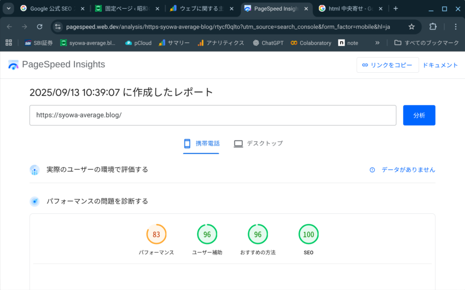 サイトスピードテストの結果スクリーンショット、パフォーマンスが83点