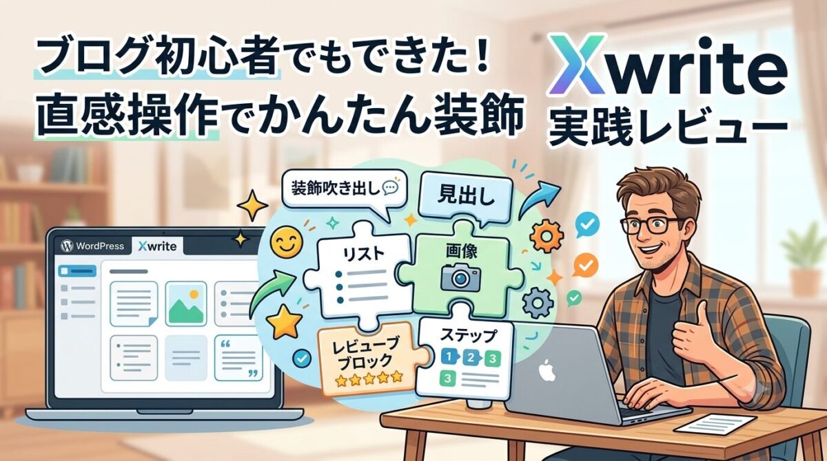 Xwriteレビューアイキャッチ、パソコンの前に座るおじさん。AI作成イラスト