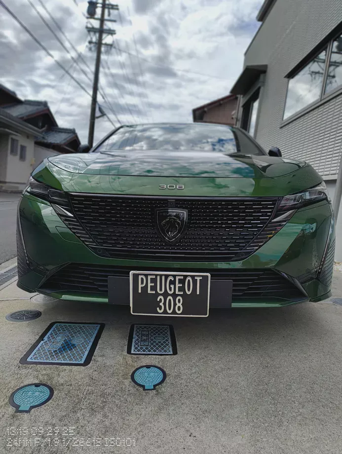 ナンバープレートにカバーを付けて正面からプジョー308を撮影したところ